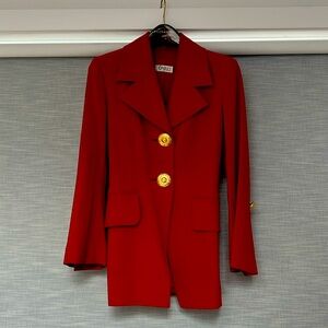 Vintage long red blazer with gold button accents. Size 6. Made in Italy.